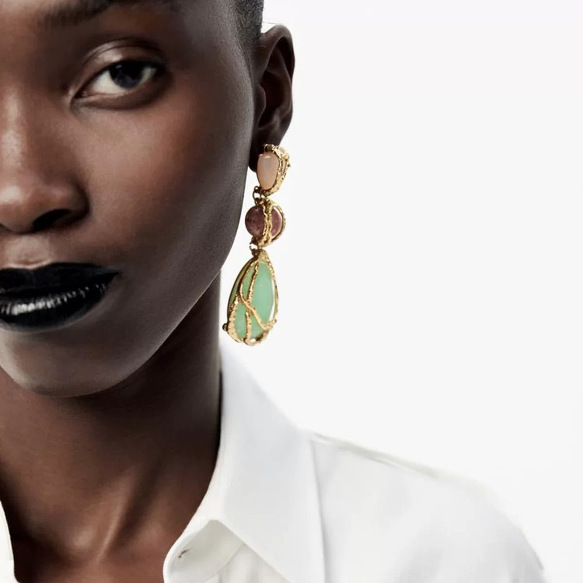 Emerald Teardrop Statement Earrings – Gold Wire Wrapped