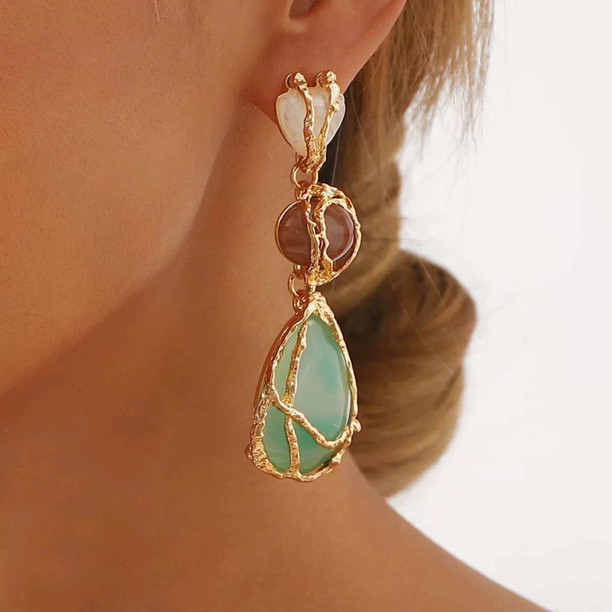 Emerald Teardrop Statement Earrings – Gold Wire Wrapped