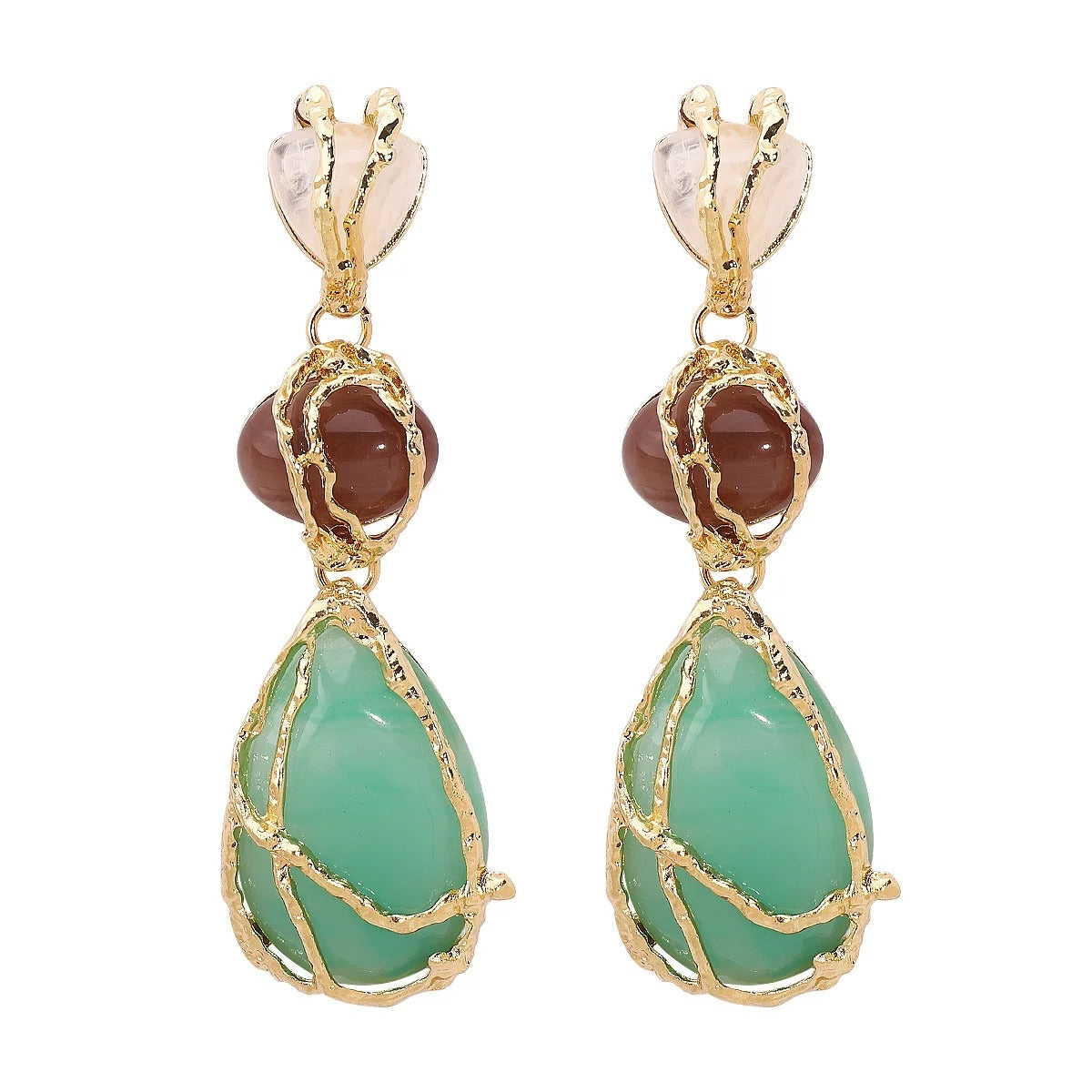 Emerald Teardrop Statement Earrings – Gold Wire Wrapped