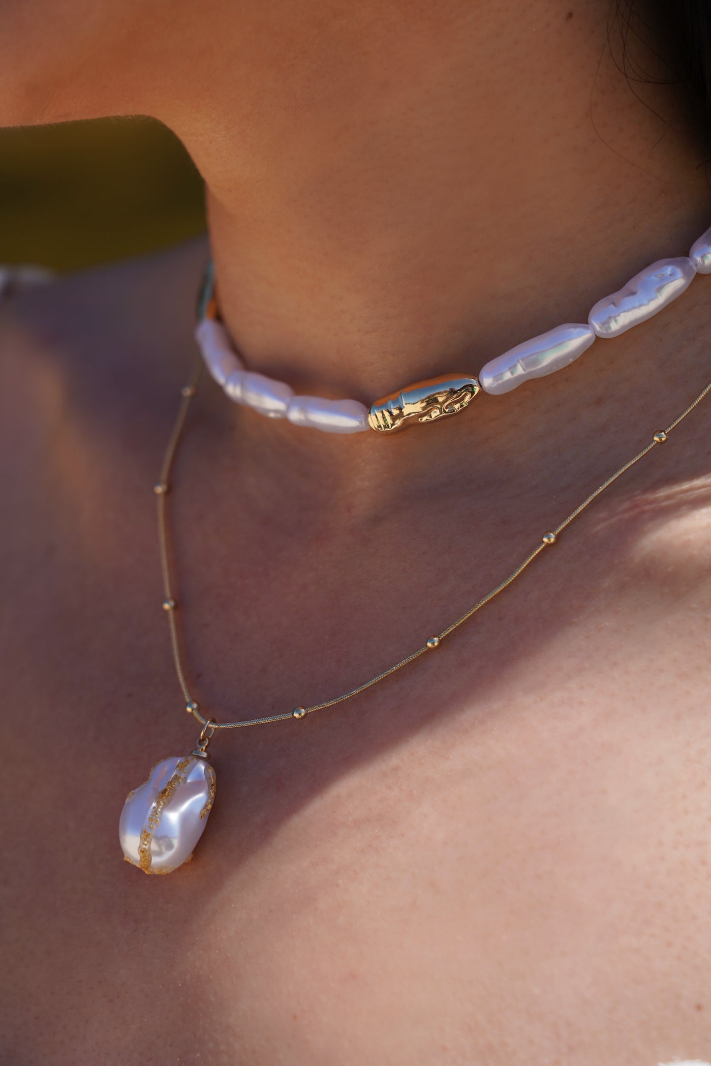 Golden Pearl Charm Necklace Set