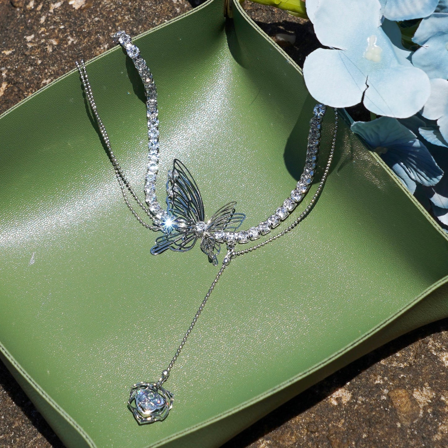 Crystal Butterfly  & Rose Pendant Choker