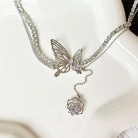Crystal Butterfly  & Rose Pendant Choker