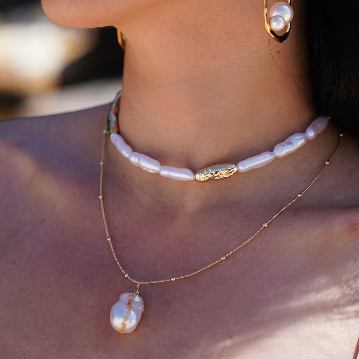 Golden Pearl Charm Necklace Set